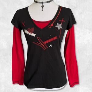Y2K Layered Henley Punk Red and Black Top Size Medium